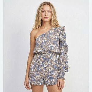 NWT En Saison One Shoulder Floral Print Romper Small Blue Ruffle Hem Summer Boho